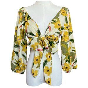 L*Space Penelope Ibiza Floral Tie Front Puff Sleeve Top M